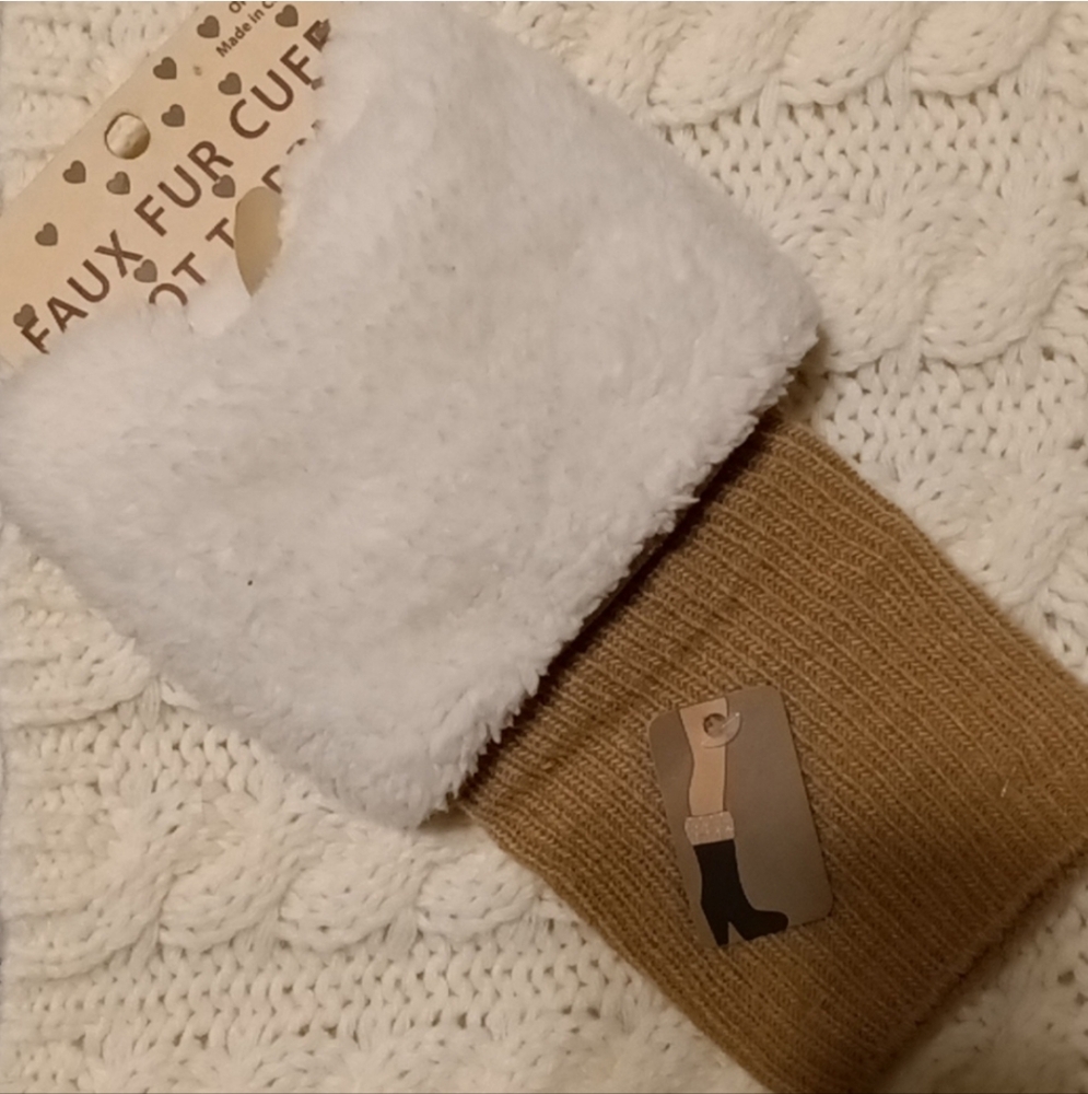 Cozy White and Tan Faux Fur Cuff Boot Toppers